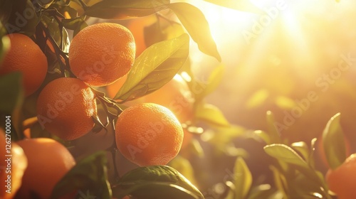 Bright sunset illuminates ripe oranges hanging on a tree in an orchard during harvest season