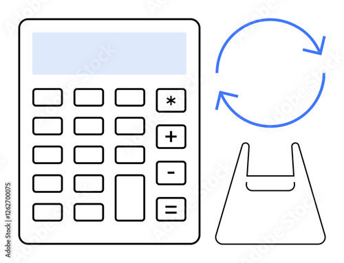 Calculator with numeric and function keys beside blue circular arrows and shopping bag. Ideal for finance, business recalculation, e-commerce updates, price adjustments, shopping analysis, cost