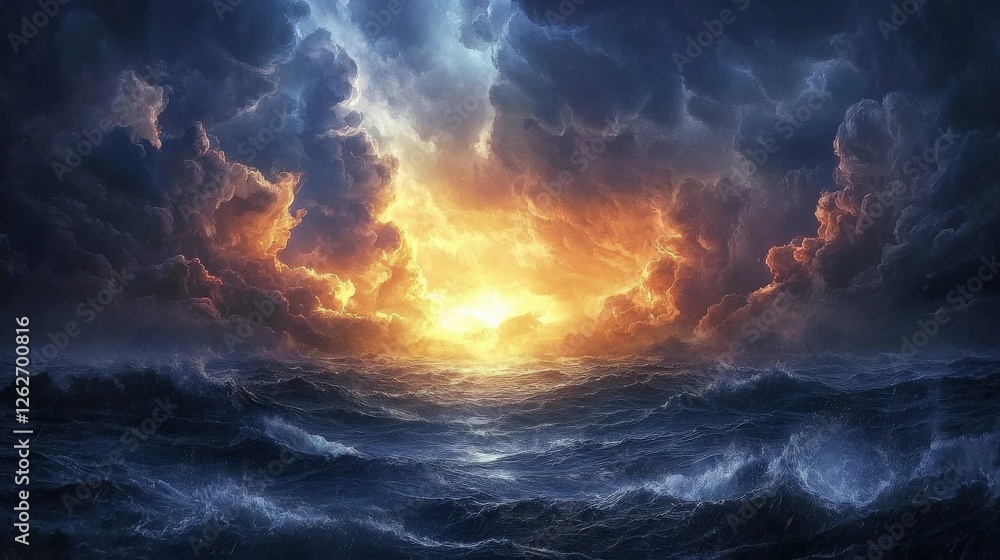 Fototapeta premium Large storm in the ocean with bright orange sun shining through the clouds at sunset