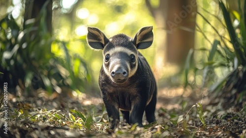 Small pig standing in the middle of a lush green forest surrounded by trees and foliage photo