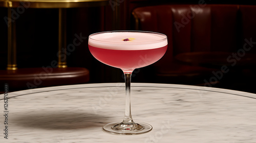 Exquisite Pink Cocktail with Foam on Marble Table in Bar Interior with Elegant Lighting Setup photo