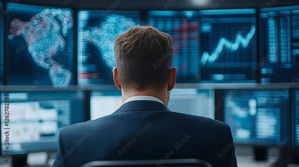 Business professional analyzing global financial data trends on multiple monitors, optimizing investment strategies in a dynamic market environment. Business professional analyzing global financial data trends on multiple monitors, optimizing investment strategies in a dynamic market environment.