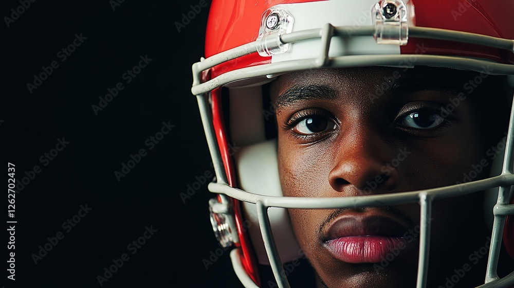 Intense American football player in helmet, focused and determined, embodies strength and resilience Intense American football player in helmet, focused and determined, embodies strength and resilience