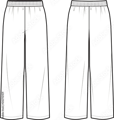 Technical flat sketch of Wide pants. Elasticated waistband sweatpants. Shirring detailed pull-on pants. Vector mock up Template. 