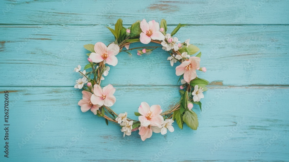 A spring flower wreath garland with colorful blossoms and greenery on an old rustic blue and green wood background, perfect for spring celebrations or rustic home decor. A spring flower wreath garland with colorful blossoms and greenery on an old rustic blue and green wood background, perfect for spring celebrations or rustic home decor.