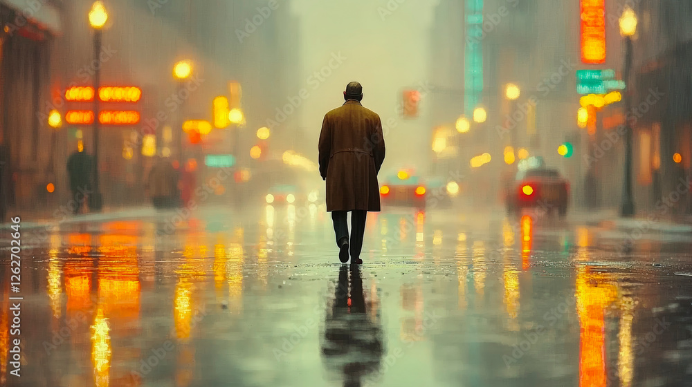 Urban solitude: A lone figure walks down a rainy city street, reflecting vibrant lights, capturing urban life?s serene essence. Urban solitude: A lone figure walks down a rainy city street, reflecting vibrant lights, capturing urban life?s serene essence.