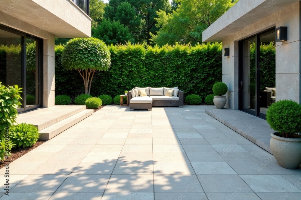 Obraz premium Serene Patio Design Modern Architectural Exterior with Lush Greenery and Comfortable Seating