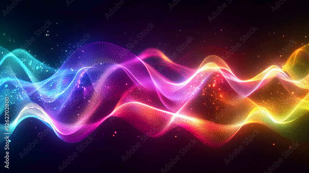 Obraz premium Colorful light spectrum dynamics, vibrant wave patterns, electromagnetic spectrum energy, radiant light waves, uhd, copy space for text,