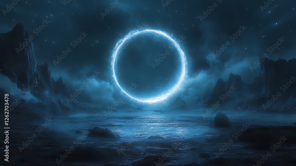 Enigmatic Night Landscape with Circular Glow Over the Water Enigmatic Night Landscape with Circular Glow Over the Water