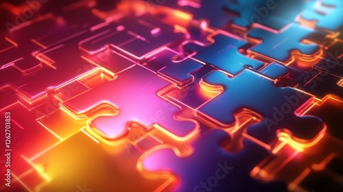 Colorful neon puzzle pieces interlock under a vibrant glow with striking reflections illuminating the intricate design