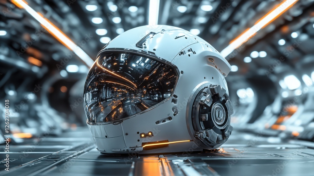 Fototapeta premium Futuristic space helmet resting on a sleek surface illuminated by glowing lights in a high-tech environment