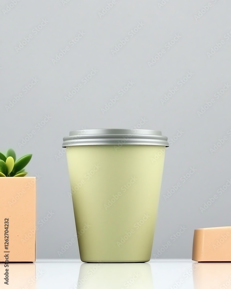 Stylish reusable cup surrounded by modern decor and soft natural elements. Stylish reusable cup surrounded by modern decor and soft natural elements.