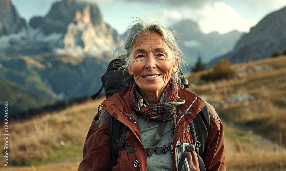 Elderly woman hiking in mountains, happy and positive portrait, looking to camera Elderly woman hiking in mountains, happy and positive portrait, looking to camera