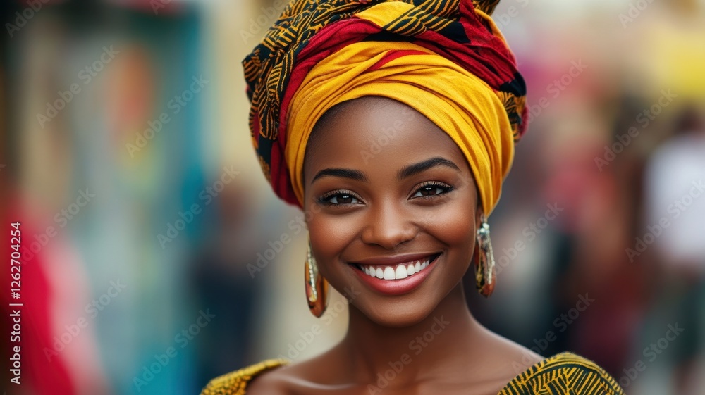 Fototapeta premium Celebrating joy an african woman smiling amidst urban chaos street photography vibrant environment close-up