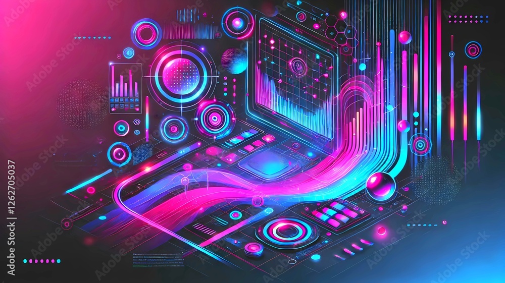 Cyberpunk Tech Background . A dynamic neon composition with wavy lines, glowing circles, and geometric elements. The dark gradient , bright neon colors for digital, sci-fi, or tech-themed projects Cyberpunk Tech Background . A dynamic neon composition with wavy lines, glowing circles, and geometric elements. The dark gradient , bright neon colors for digital, sci-fi, or tech-themed projects