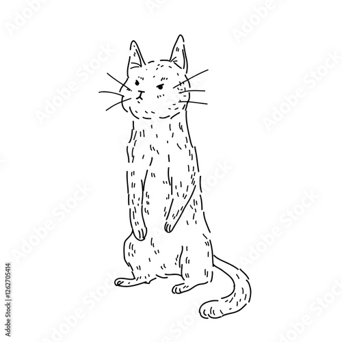 Vector illustration of cat standing on hind legs with frown, side view on white background. Funny kitten for children coloring and design with pets for veterinary clinic