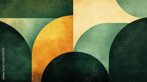 Abstract geometric shapes overlap in a textured green and yellow design