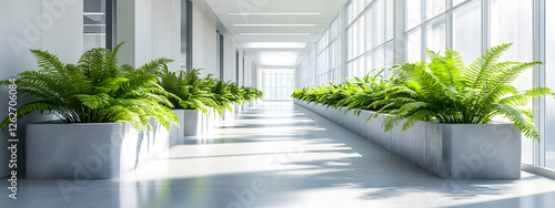 Wallpaper Mural A long, bright hallway in an office building with ferns growing on the sides of gray concrete planters
 Torontodigital.ca