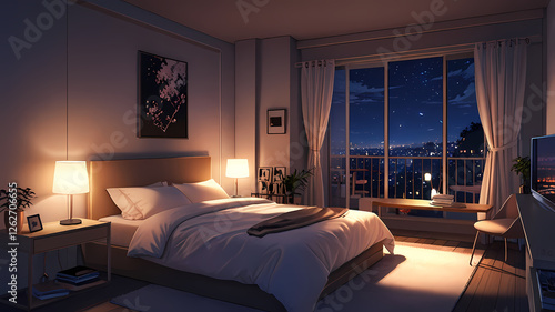 Quiet anime bedroom at night, lit by a small bedside lamp, with soft shadows and a serene atmosphere