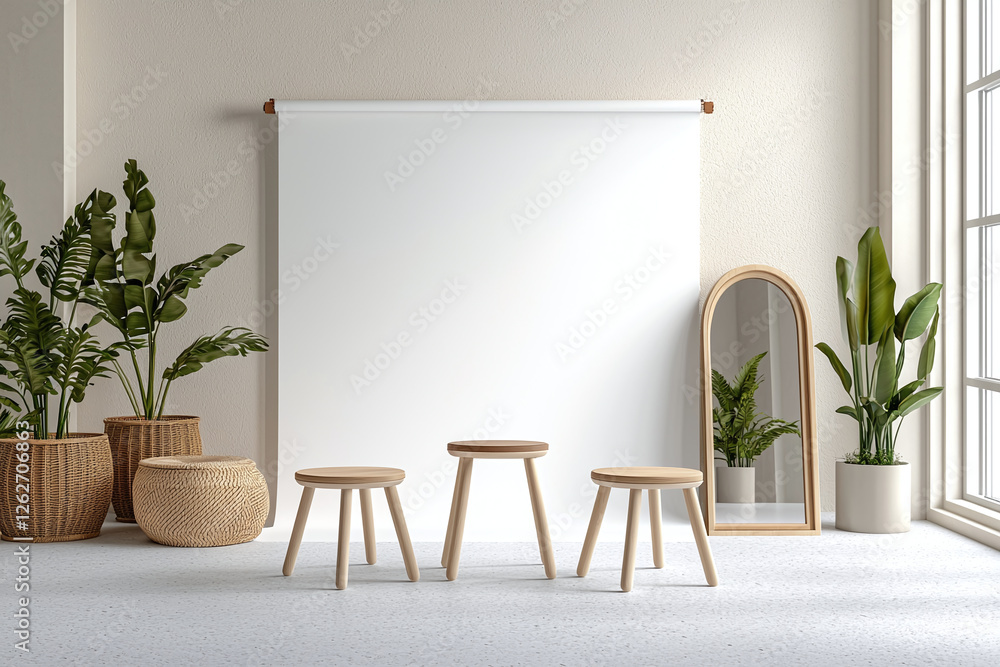 modern studio space featuring three wooden stools, large mirror, and potted plants, creating clean and inviting atmosphere with soft light modern studio space featuring three wooden stools, large mirror, and potted plants, creating clean and inviting atmosphere with soft light