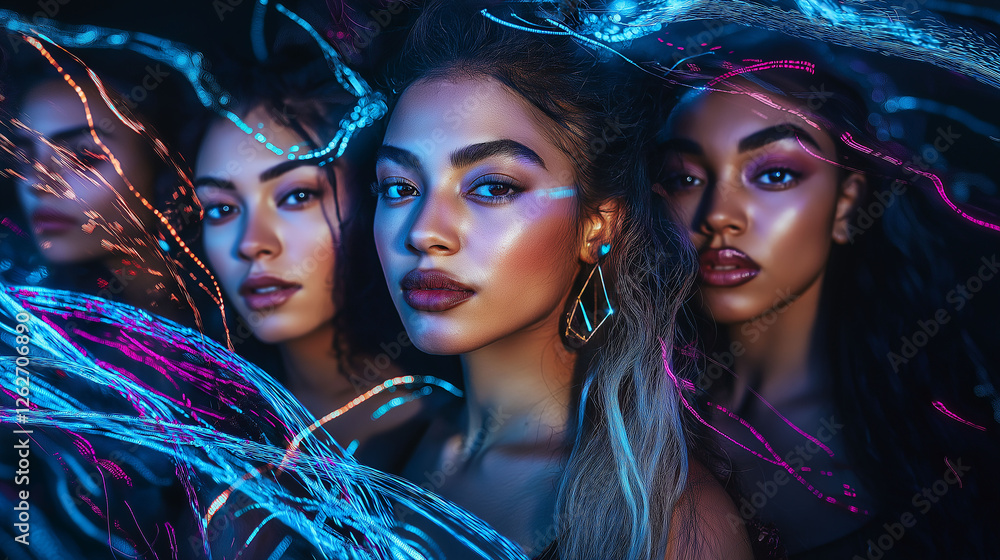 Fototapeta premium A group of diverse women stand together, each wearing a flowing, translucent veil that represents their shared vision while maintaining individuality