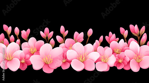 Gentle Cherry Blossoms Border Graphic with Delicate Pink Petals and Buds on Black Background Art