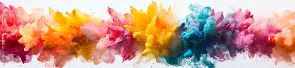 Fototapeta premium On a wide, isolated white background, a bright and colorful explosion of rainbow Holi paint powder bursts forth