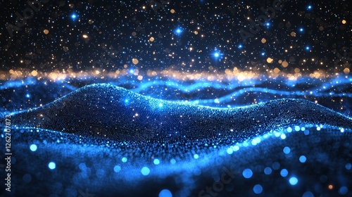 Gliding above a futuristic 3D blue digital mountain landscape, set against an abstract technology background.