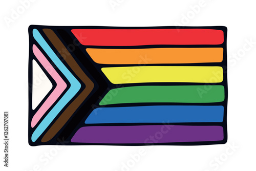 Colorful Lgbtq progress pride flag Happy pride day LGBTQ community Pride Month Vector hand drawn doodle for posters, stickers, logo, cards