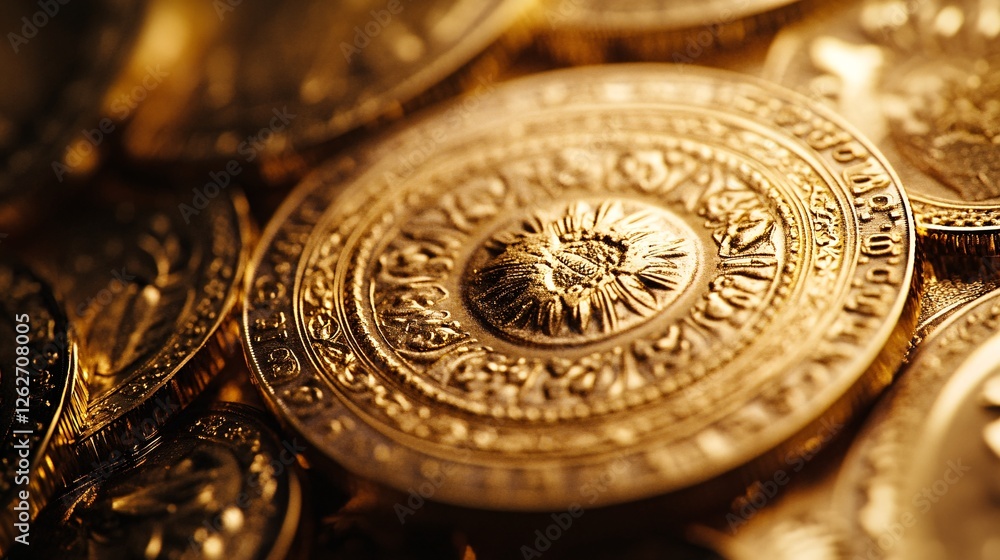 A close-up of a shiny gold coin with intricate details, capturing the texture and design, set against a simple, clean background. A close-up of a shiny gold coin with intricate details, capturing the texture and design, set against a simple, clean background.