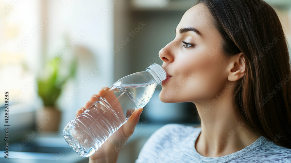 Fitness and wellness: woman hydrating with a water bottle indoors Fitness and wellness: woman hydrating with a water bottle indoors