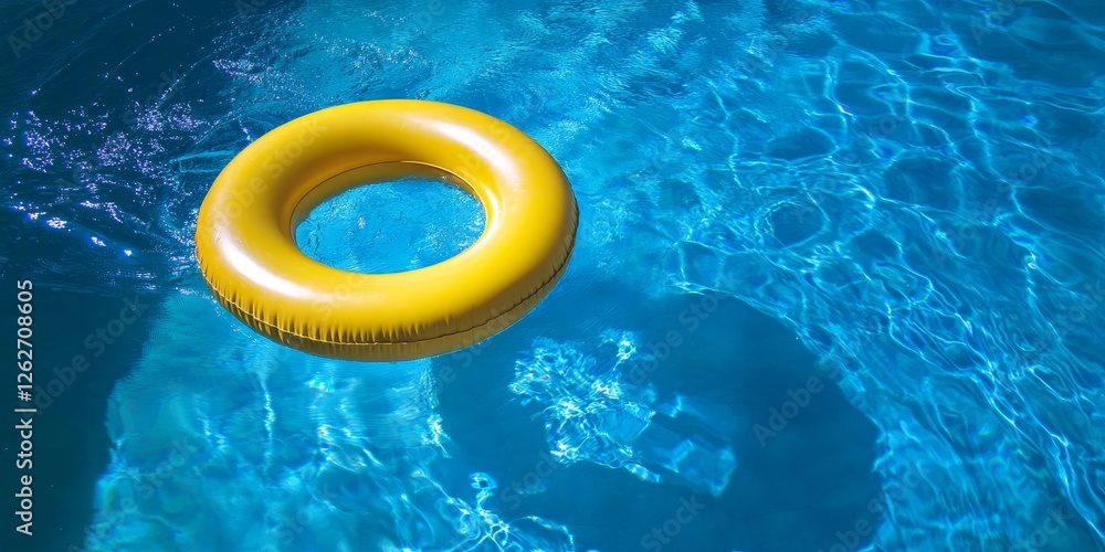 Yellow Inflatable Ring Floating In A Refreshing Blue Swimming Pool, Summertime Concept Yellow Inflatable Ring Floating In A Refreshing Blue Swimming Pool, Summertime Concept