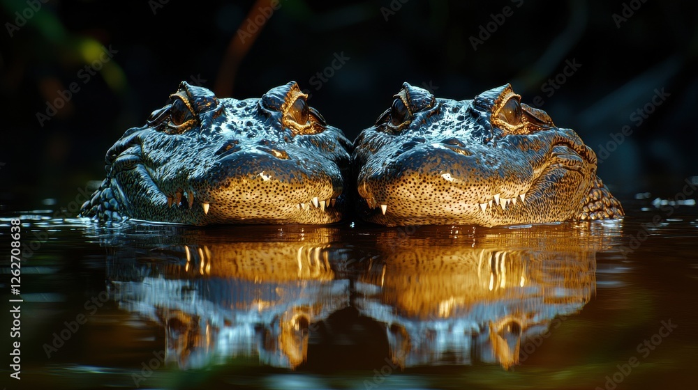 Fototapeta premium Two alligators swimming in murky water surrounded by vegetation in a natural habitat