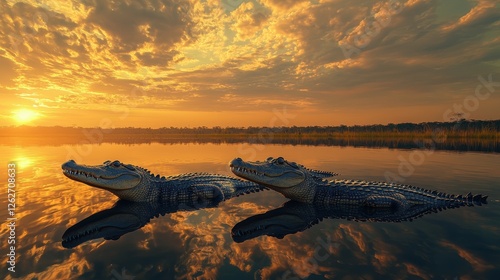 Two crocodiles swimming together in a natural water habitat during the daytime