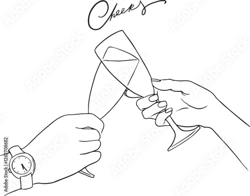 Hand drawn outline sketch of two hands clinking champagne or cocktail glasses in a celebratory toast. Perfect for party, wedding, New Year, or special occasion designs.