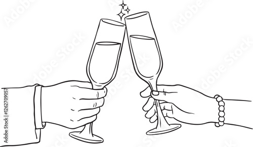 Hand drawn outline sketch of two hands clinking champagne or cocktail glasses in a celebratory toast. Perfect for party, wedding, New Year, or special occasion designs.