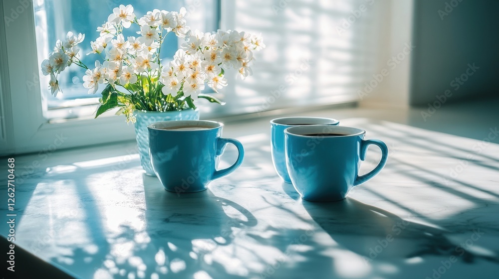 Three blue cups on a marble table with a vase of white flowers and sunlight streaming through Three blue cups on a marble table with a vase of white flowers and sunlight streaming through