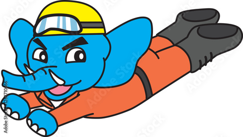 オレンジ色の作業着を着てヘルメットとゴーグルを装着したゾウが飛んでいるイラスト