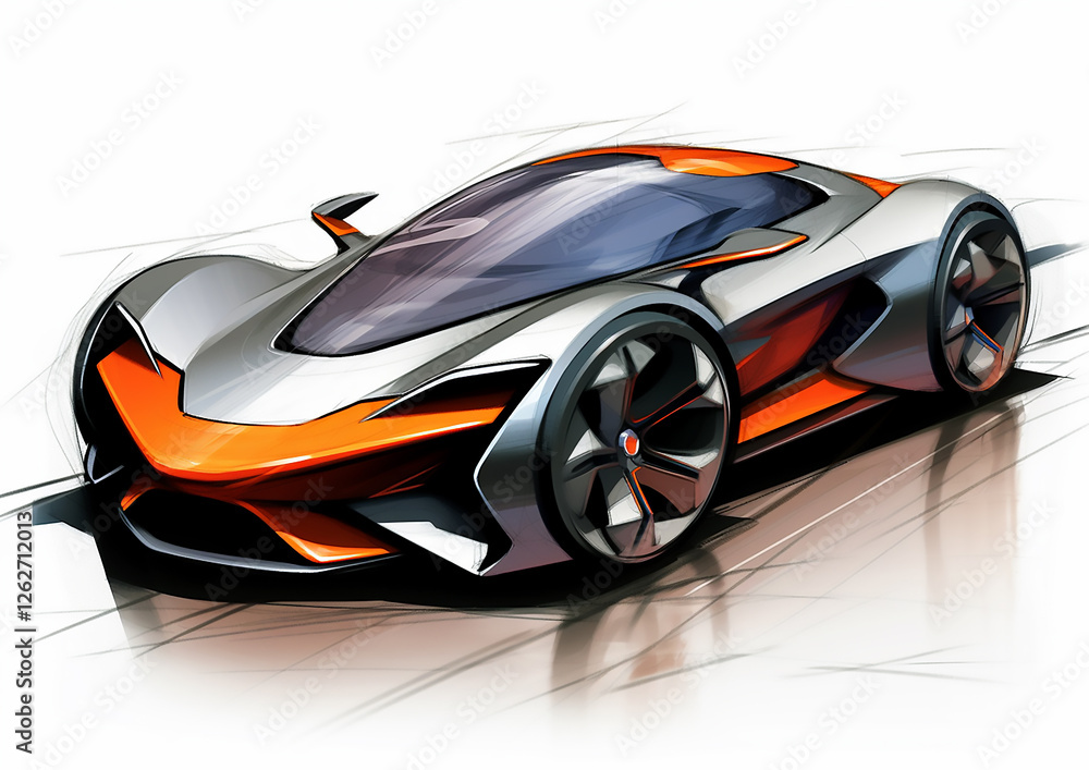 Sketch Drawing 04_A two-seater concept car in vivid colors, with a luxurious sketch design. Sketch Drawing 04_A two-seater concept car in vivid colors, with a luxurious sketch design.