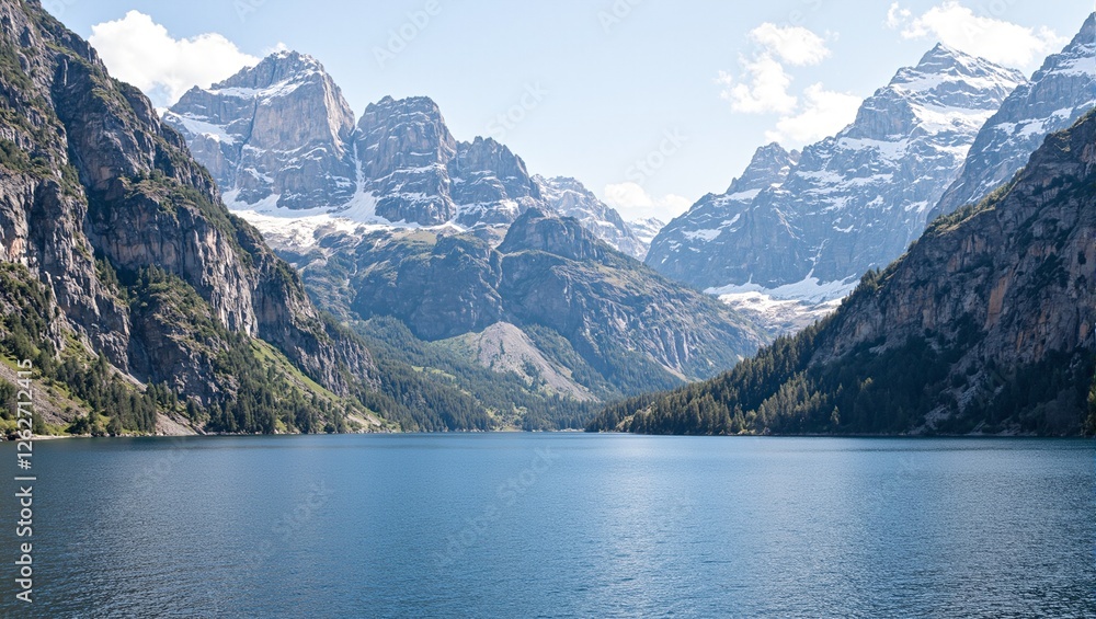 Serene lake mirroring snow capped mountains in a breathtaking natural landscape Serene lake mirroring snow capped mountains in a breathtaking natural landscape