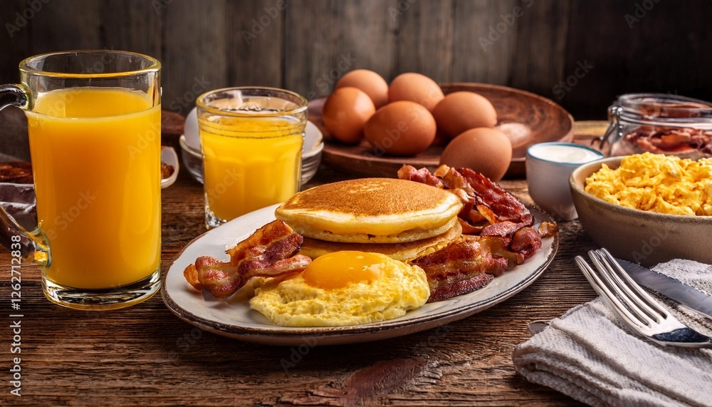 A rustic wooden table filled with a hearty breakfast spread including pancakes, scrambled eggs, bacon, and fresh orange juice. A rustic wooden table filled with a hearty breakfast spread including pancakes, scrambled eggs, bacon, and fresh orange juice.