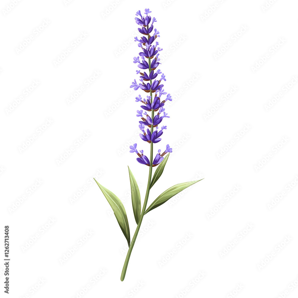 Naklejka premium A beautifully illustrated lavender sprig with detailed tiny blossoms and slender green stem, artistic digital drawing, centered layout, transparent background, PNG
