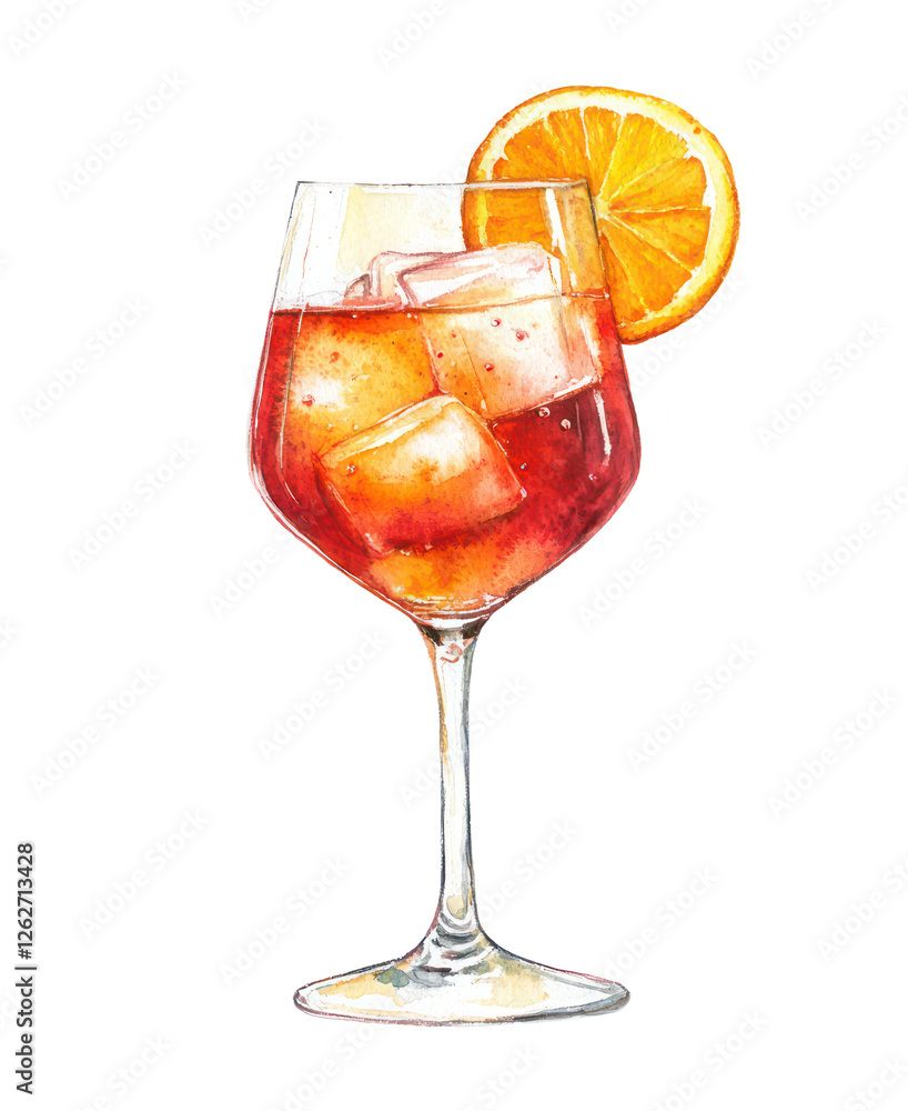 PNG Glass of Aperol Spritz with ice cubes, orange slice. Watercolor sticker with white border isolated on transparent background. Classic Italian cocktail illustration for design and print. PNG Glass of Aperol Spritz with ice cubes, orange slice. Watercolor sticker with white border isolated on transparent background. Classic Italian cocktail illustration for design and print.