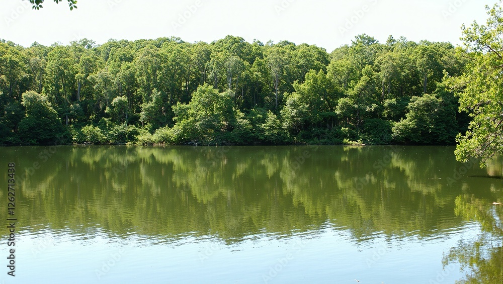 Tranquil lake nestled in a serene forest mirror like water mirroring lush greenery overhead Tranquil lake nestled in a serene forest mirror like water mirroring lush greenery overhead