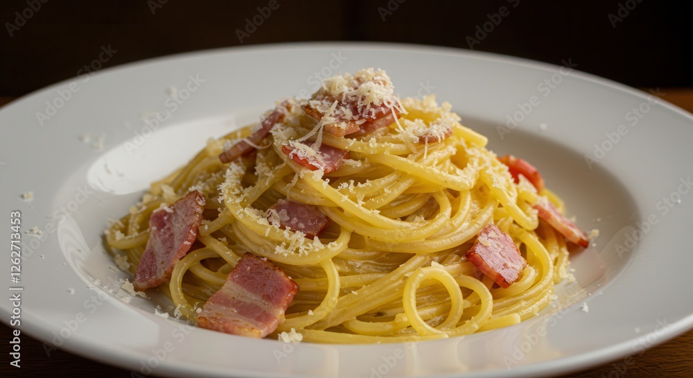 Delicious Spaghetti Carbonara on White Plate with Bacon and Cheese Delicious Spaghetti Carbonara on White Plate with Bacon and Cheese