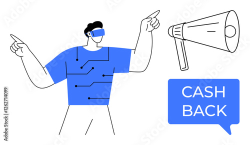 Man wearing VR goggles points at a large megaphone, speech bubble reads Cash Back. Ideal for technology, marketing, advertising, finance, digital transformation, customer engagement, innovation
