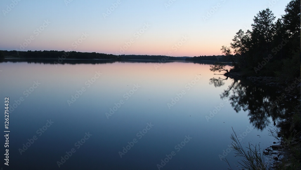 Fototapeta premium Tranquil lake at twilight soft hues of dusk dance on water surface while trees sway in the gentle breeze along the shore