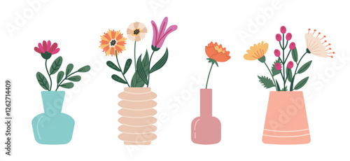 Modern vases with flower bouquets. Blooming flower bouquets, plants in ceramic jugs
