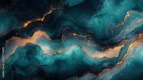 Elegant teal and white marble texture with golden accents