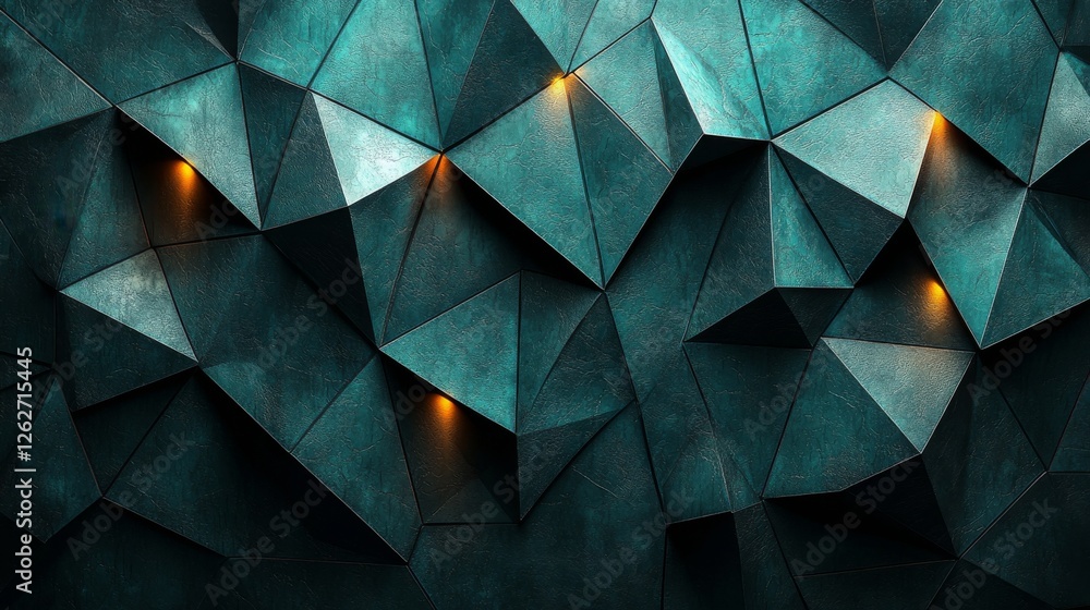 Fototapeta premium A futuristic design featuring a black dark blue green teal cyan petrol jade abstract background, geometric shapes, 3D effects, line triangles, angles, polygons, and waves. Incorporates a color